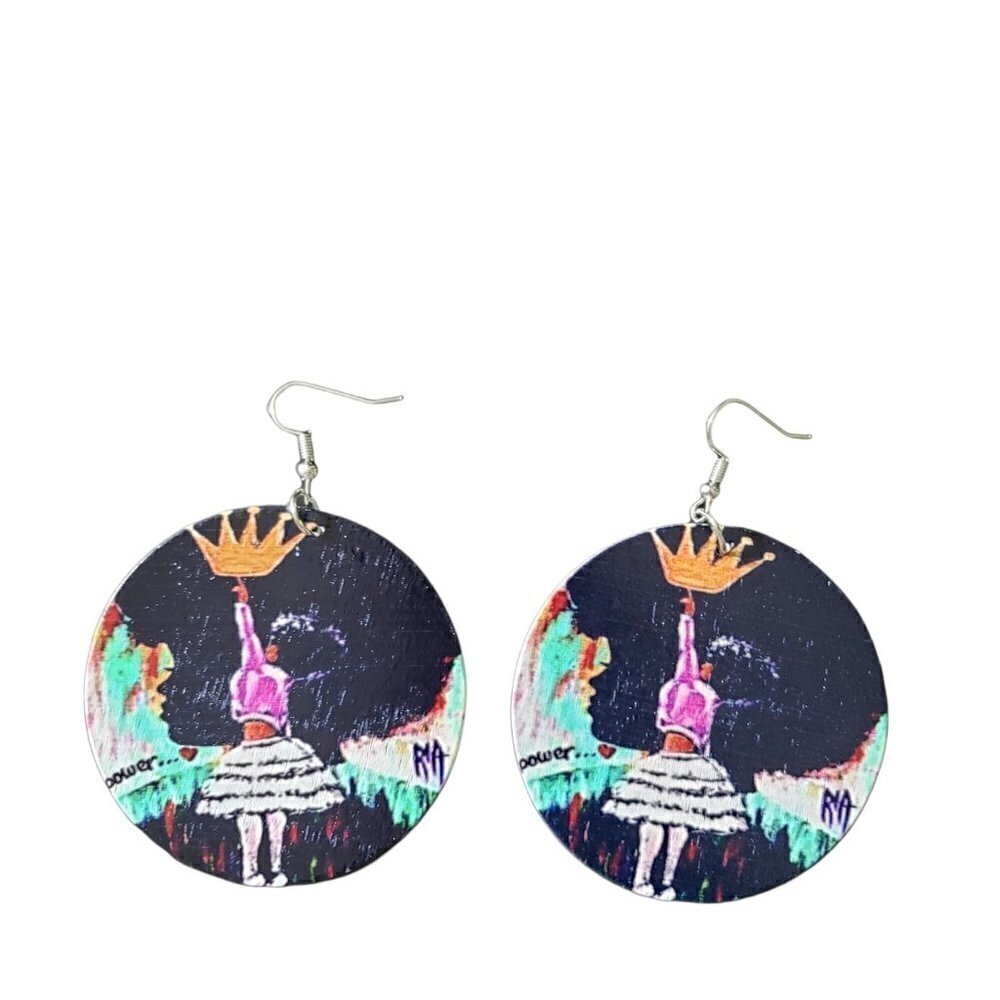 Womens Round Wood Painted Small Girl African American Retro French Hook Earrings